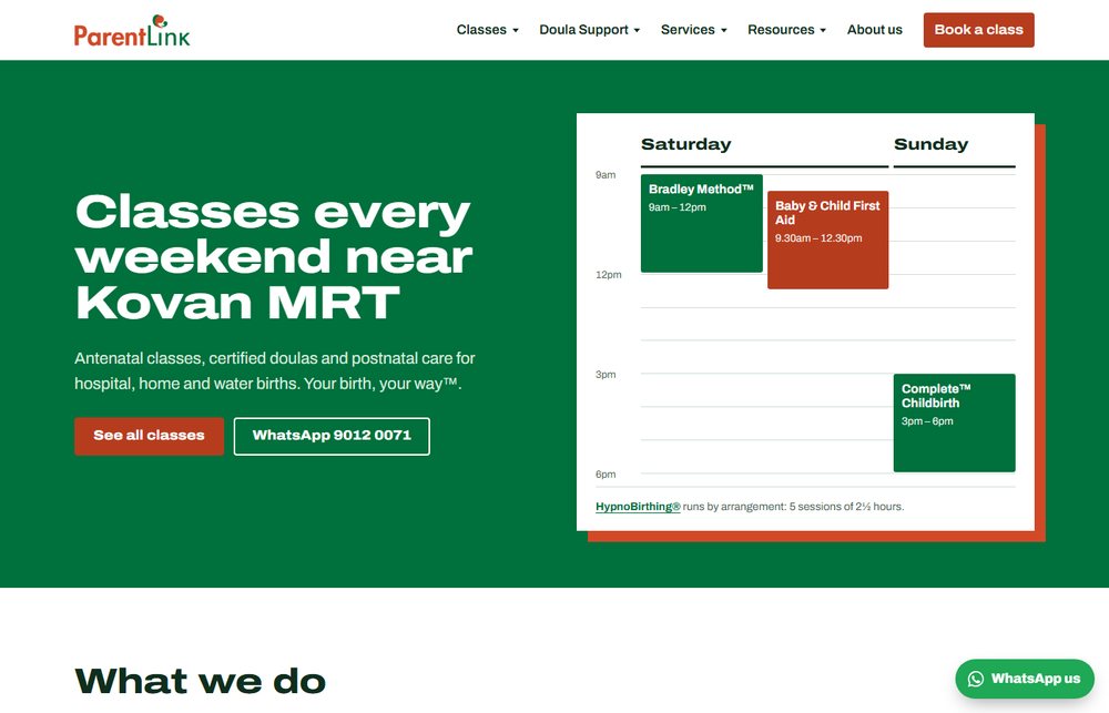 Option B homepage: a green block with the weekend class timetable